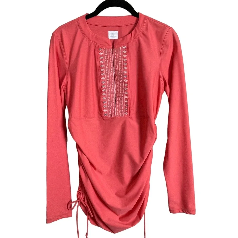 Cabana Life Rash Guard Womens Medium Coral Pink Embroidered Long Sleeve Swim Top